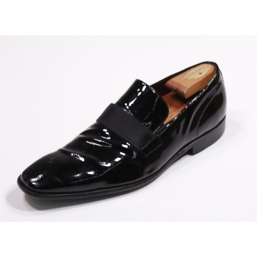 Hugo Boss Black Patent Leather Grosgrain Strap Tuxedo Formal Loafers US 10